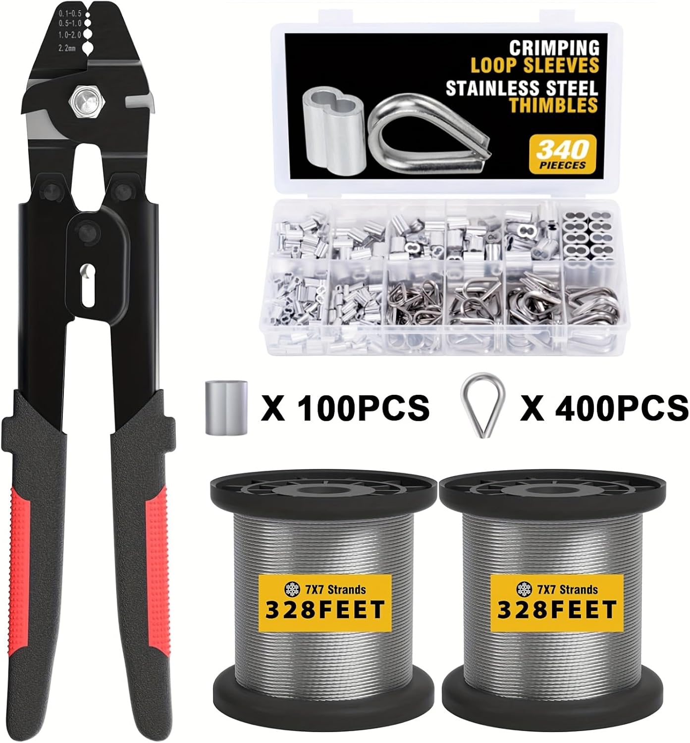 Wire Rope Crimp Kit with 656ft Stainless Steel Cable 7x7 Strand Core 1/16'' Aluminum Crimp Loop Sleeves and Wire Rope Stainless Steel Thimble