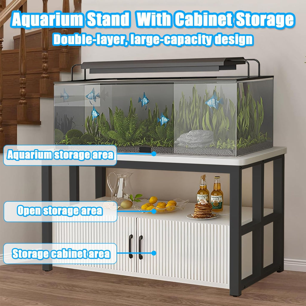 5-75 Gallon Aquarium Stands, 3 Tier Metal Frame Fish Tank Stand with Cabinet Storage, Reptile Tank Stand for Home Living Room Bedroom Office, 2200LBS Capacity (black+white, L39.4″*W15.7″*H23.6″)