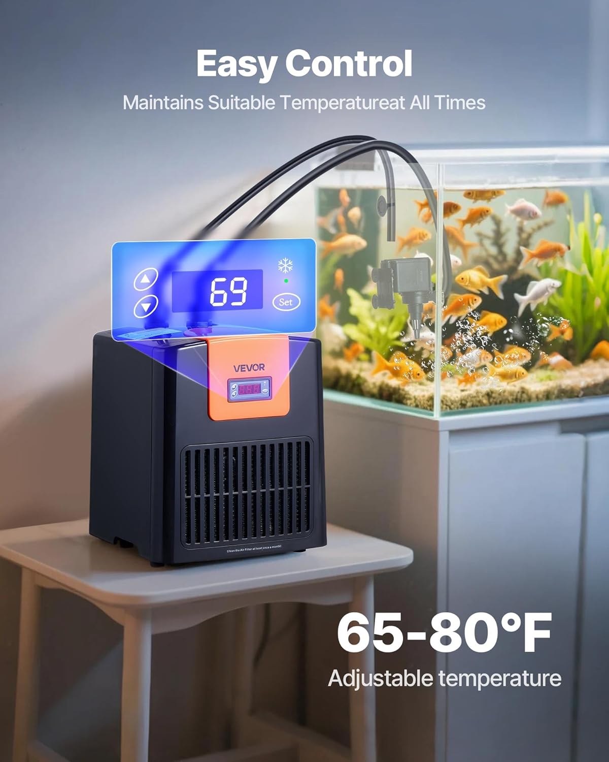VEVOR Aquarium Chiller 52 Gallon, 1/10 HP Water Chiller for Hydroponics, Fast Cooling for Fish Tank,Axolotl,Coral Reef,Quiet Refrigeration Compressor, Titanium Evaporator,Complete Fittings