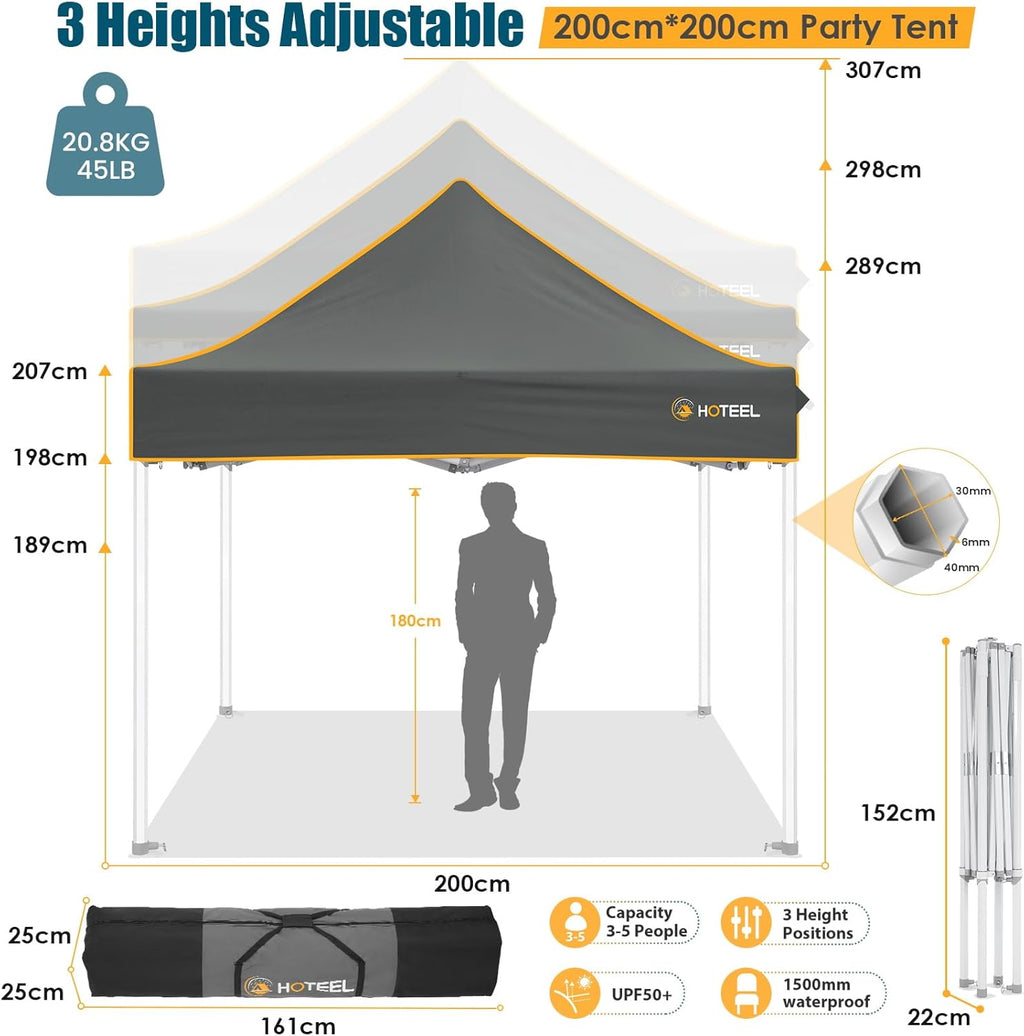 Hoteel 6.6 x 6.6 Pop up Canopy,Easy Up Heavy Duty Canopy with 4 Sidewalls,Upgrade Hexagonal Tube UPF50+ 1500mm Waterproof,Outdoor Canopy Tent with Carry Bag for Commercial Events,Beach,Camping,Grey