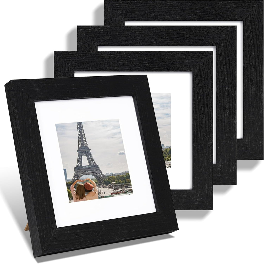 6x6 Picture Frame Set of 4, Made of Glass and Rustic Black Wooden Frame - Display Picture 4x4 with Mat or 6 x 6 Without Mat, 6x6 Photo for Wall or Tabletop