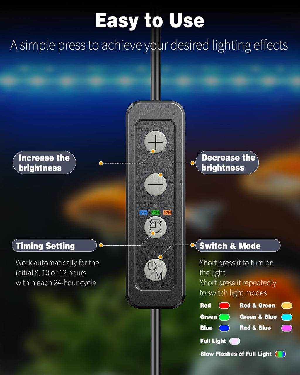 Pawfly 3 W Aquarium LED Light 11 Inch Underwater Fish Tank Light with Timer Auto On/Off Fish Tank Background Lights with 8 Lighting Modes Submersible Multi-Colored Tube Lights for Decoration