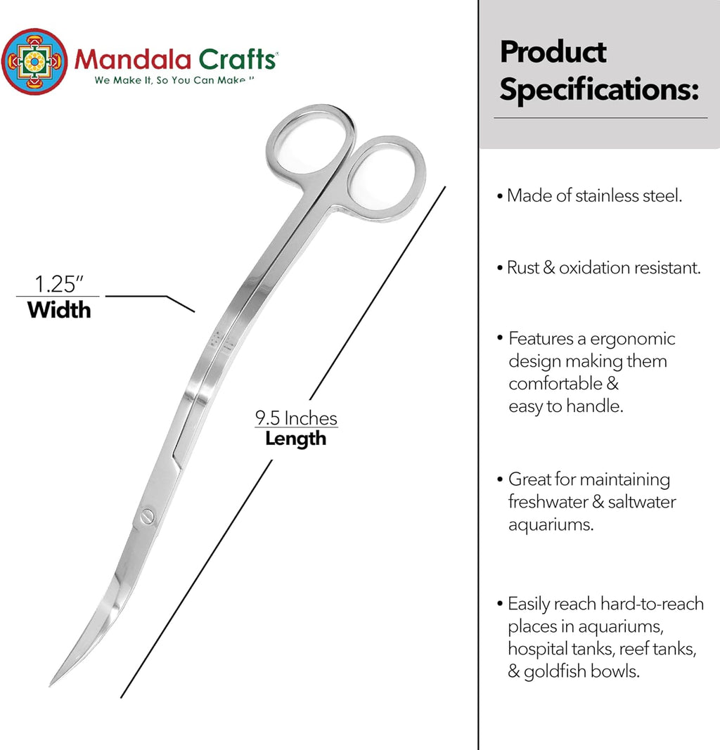 Mandala Crafts Extra Long Stainless Steel Curved Aquarium Scissors for Trimming Aquatic Plants – Wave Aquascape Scissors for Fish Tanks, Hospital Tanks, Goldfish Bowls, Aquariums, and Terrariums