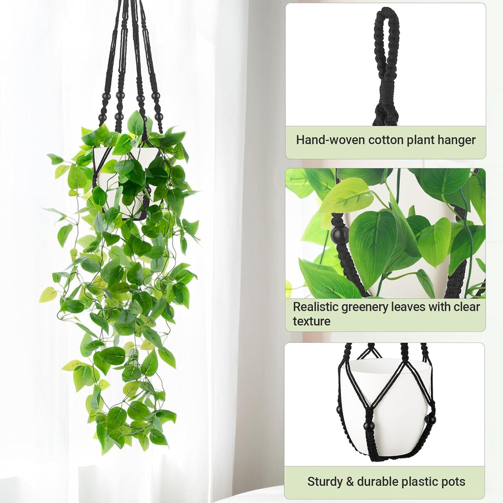 Mkono Fake Hanging Plant with Pot, Artificial Plants for Home Decor Indoor Macrame Plant Hanger with Fake Vines Faux Hanging Planter Greenery for Bedroom Bathroom Kitchen Office Decor (1, Black)