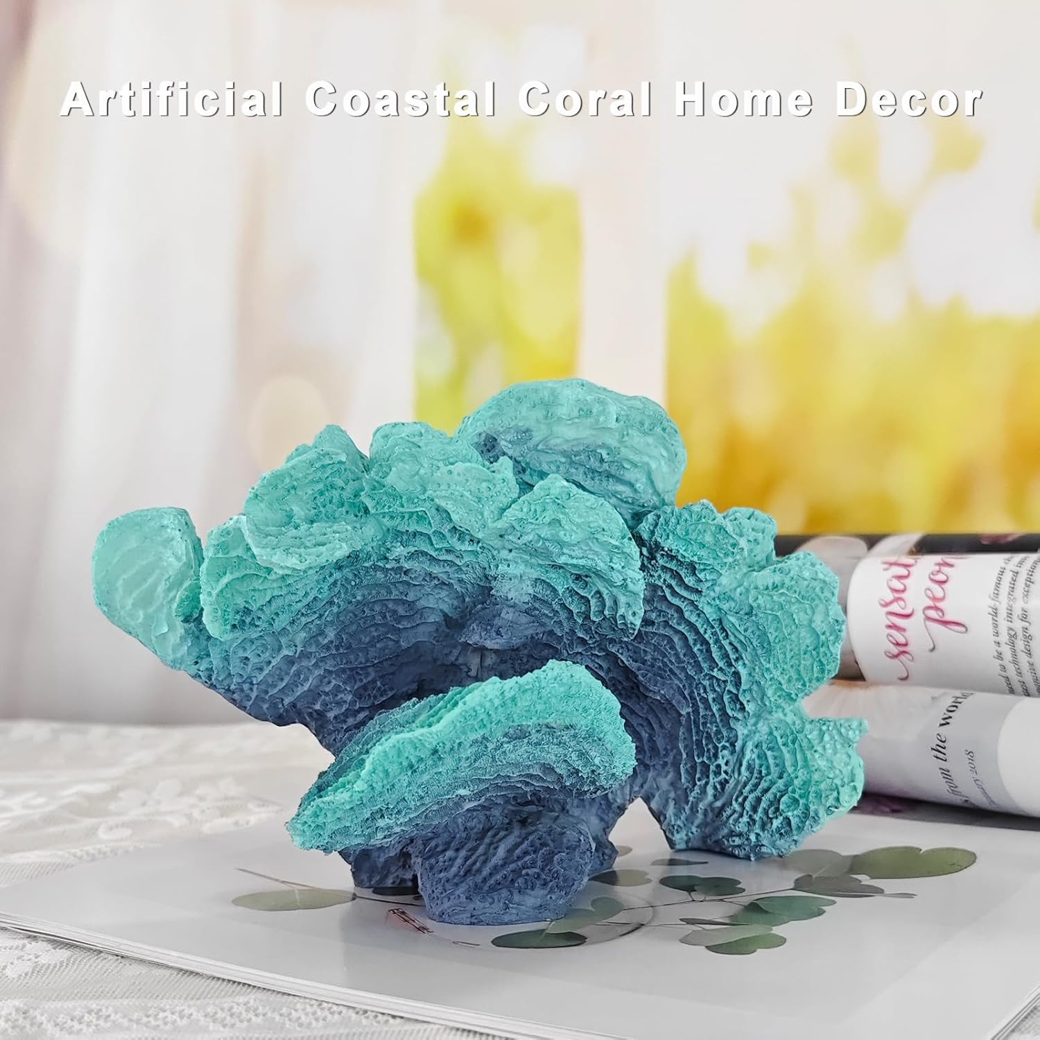 Artificial Sea Coral Statue, Sculpture Home Decor Resin Nautical Coastal Decorations for Beach Themed Party Wedding Room Kitchen Table Shelf (Blue Green)
