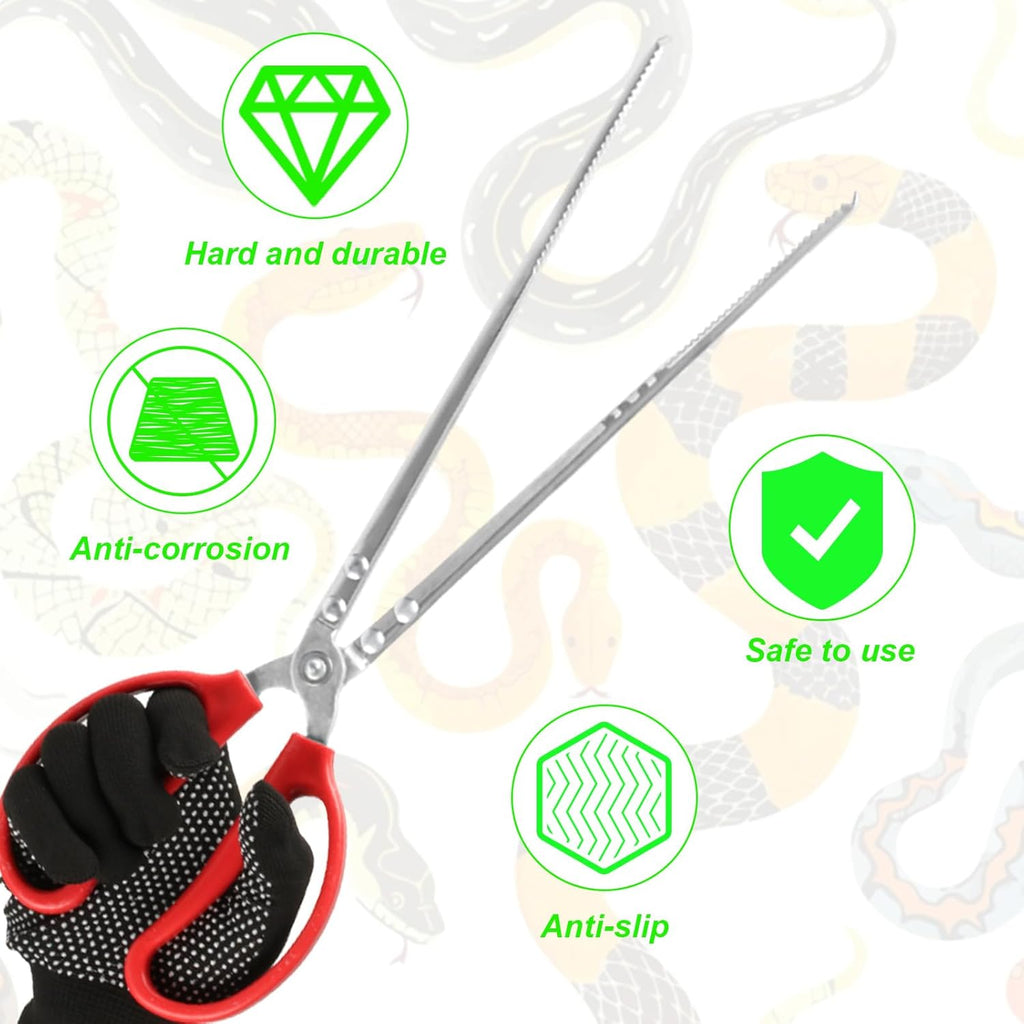 15 Inch Snake Feeding Tongs, 2 PCS Stainless Steel Reptile Tongs, Extra Long Large Tweezers for Bearded Dragon Ball Python Tank Accessories Terrarium Supplies With Gloves