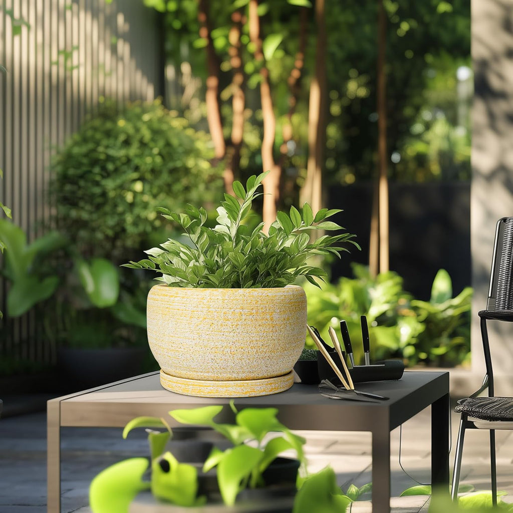 SQOWL Ceramic Planters for Indoor Plants - 10 Inch Plant Pot with Drainage Hole and Saucer, Round Ceramic Flower Pot Outdoor, Decorative Large Planter, Office Decor, Gifts for Women Men, Yellow