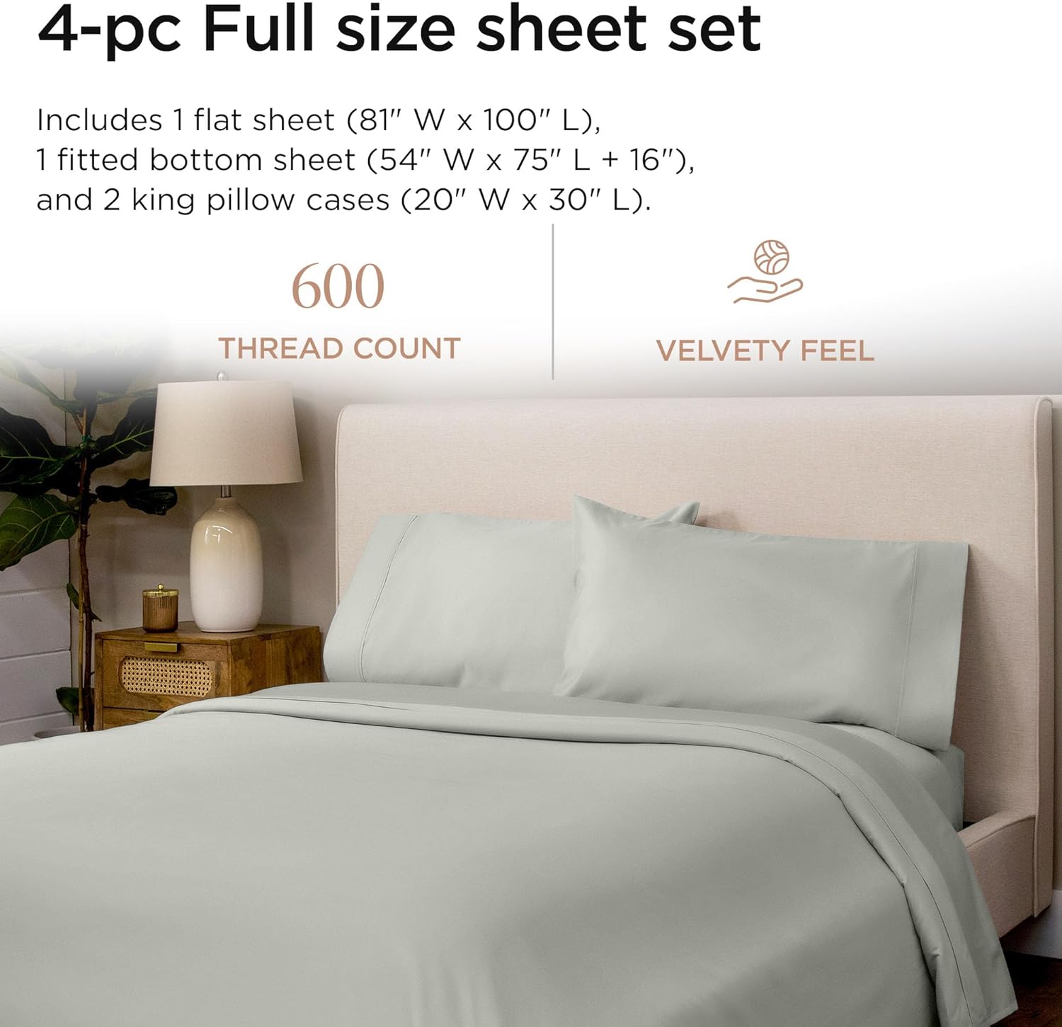 Threadmill 100% Cotton Sheets for Full Size Bed - 600 Thread Count Full Bed Sheets Set with 16” Deep Pocket - Sateen Weave 4-Piece Bedding Set with Cooling Effect, Light Grey