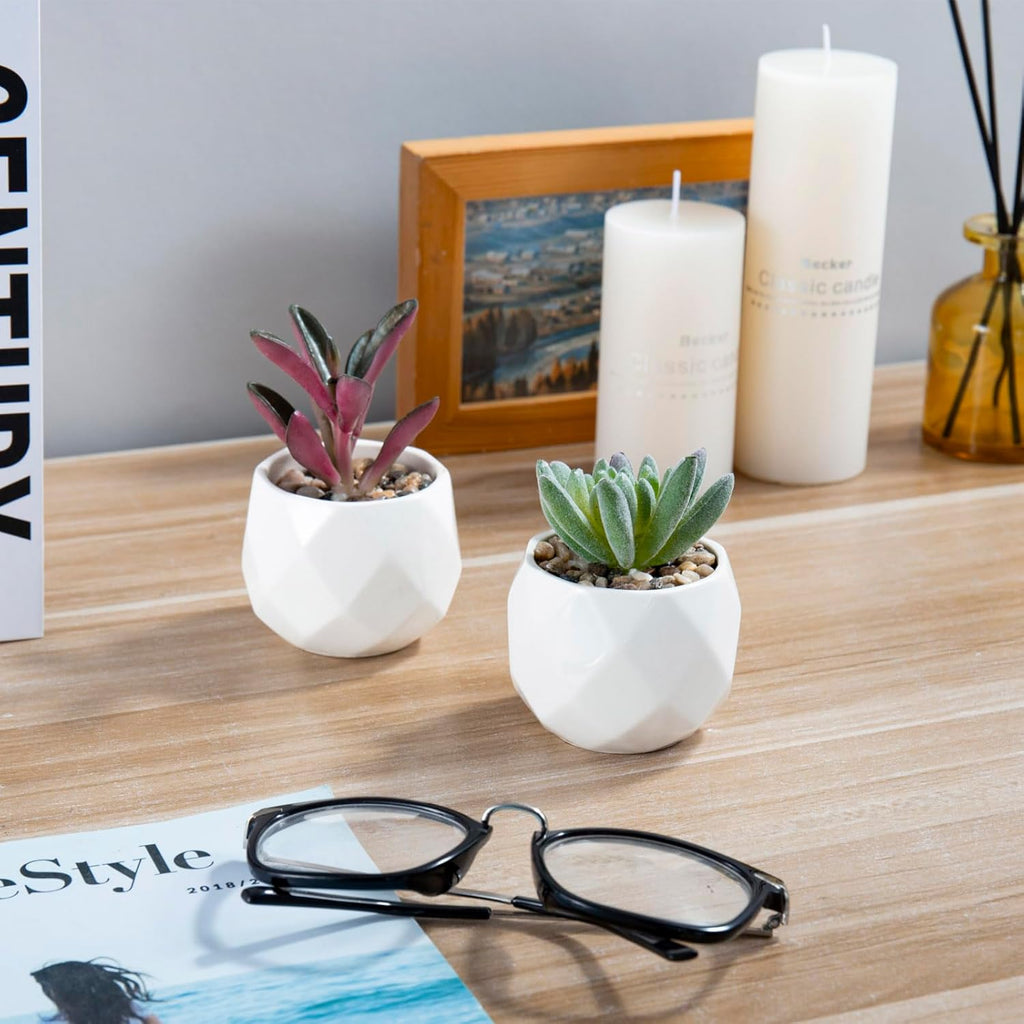 MyGift Miniature Artificial Succulents, Indoor Fake House Plants in Round White Geometric Ceramic Pots, Set of 4