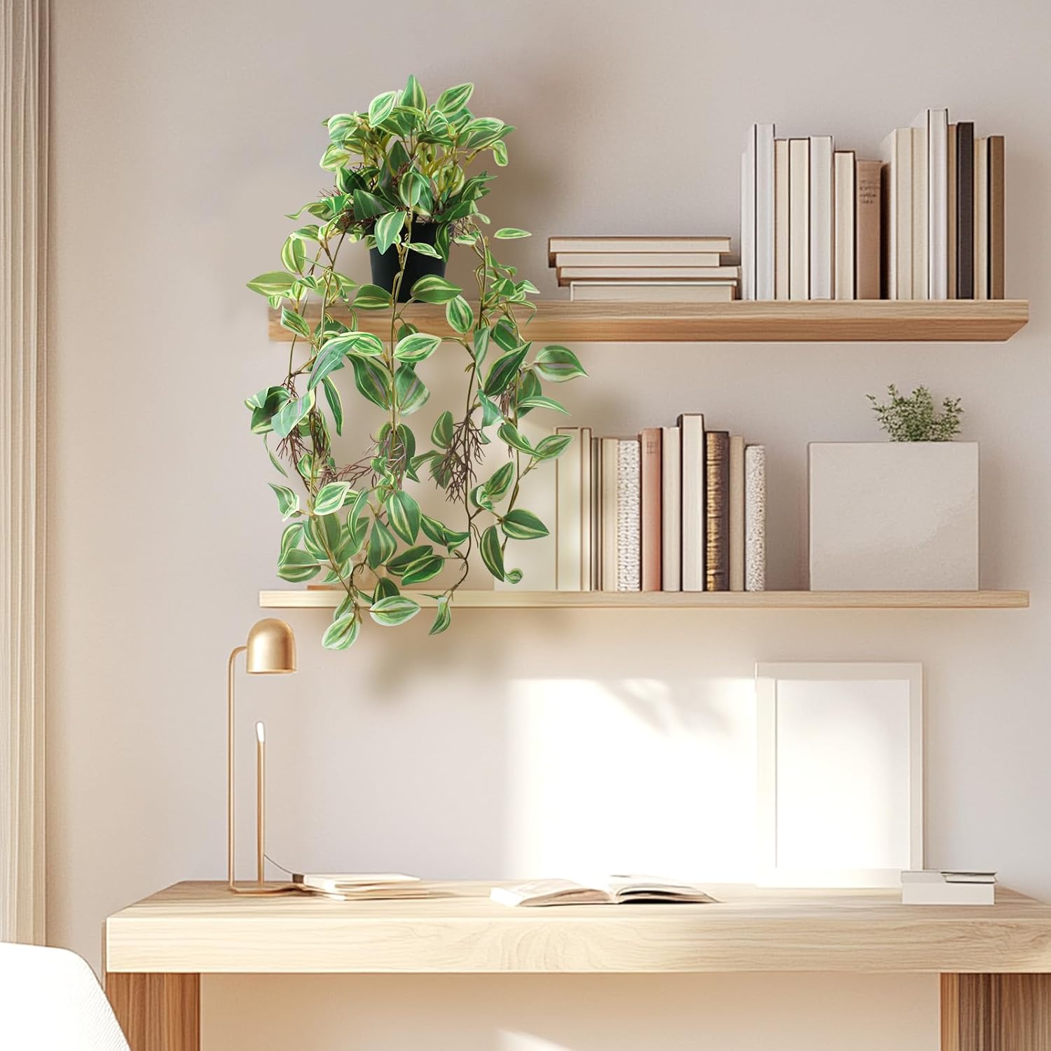 Artificial Hanging Ivy Plants Realistic 3D Watermelon Texture Faux Peperomia Leaves Fake Potting Vine Green Plants for Indoor Outdoor Home Garden Decor