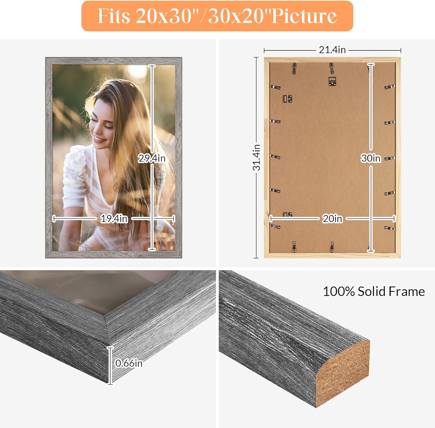 20x30 Solid Wood Frame Grey, Rustic Natural Woodgrain 30x20in Picture Poster Frame, Modern Gray 20 x 30inch Gallery Wall Pic Photo Frame with HD Plexiglass, Horizontal Vertical Wall Display 1pcs
