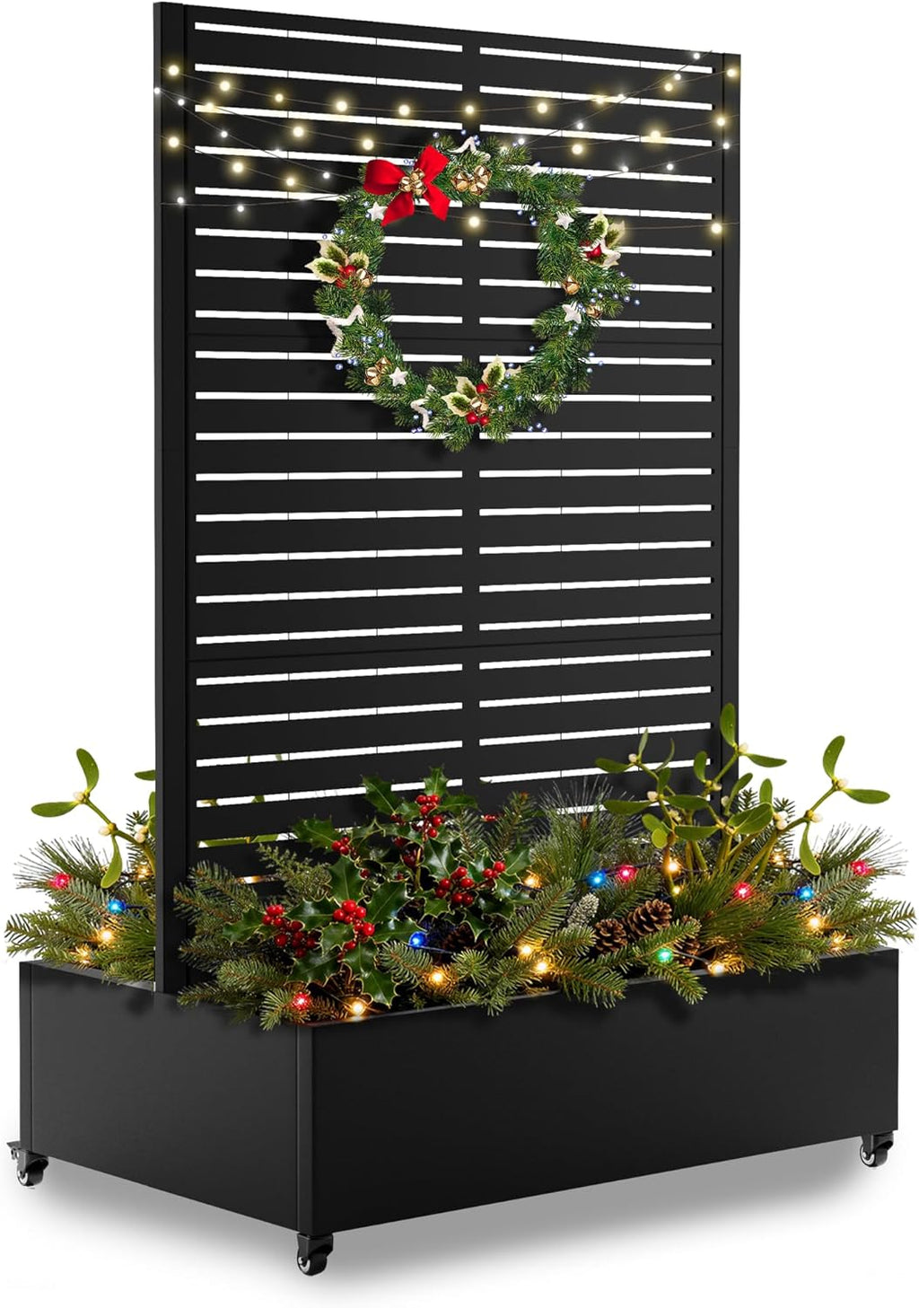 FENCY Dual Planter Boxes Metal Raised Garden Bed with Wheels and Trellis, 73"x35"x24" Privacy Screen for Vegetables, Vines & Flowers, Includes Drainage Holes