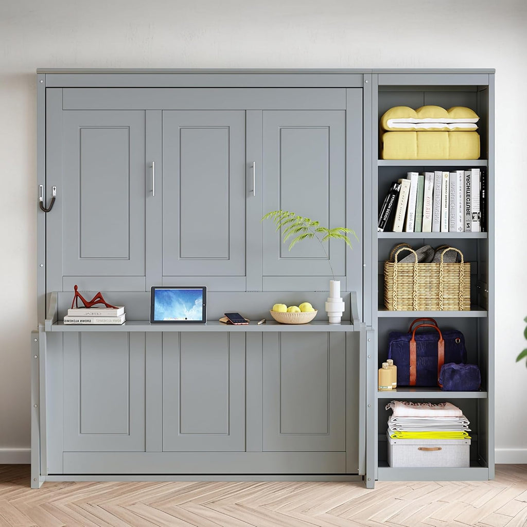 MERITLINE Full Murphy Bed with Desk and Storage Shelves,Wood Hideaway Murphy Wall Bed with Storage Bookcase for Adults (Grey,Full)
