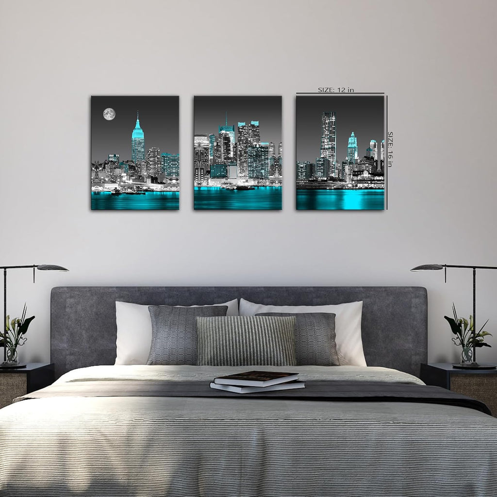 The Mode Art 3 Panels City Night View Picture Canvas Print blue Cityscape Poster Photo Painting Modern Wall Artwork for Home Office Living Room Bedroom Decor Gallery Wrap 12x16inch