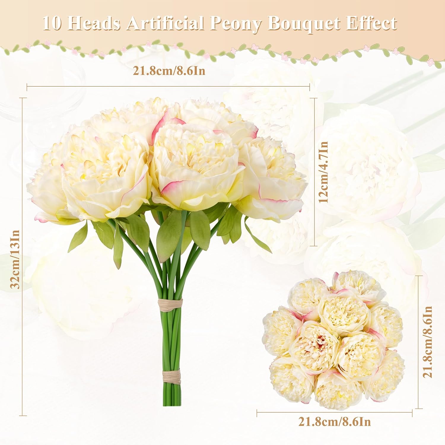 U'Artlines 20 Heads Artificial Peony Silk Flower Leaf Home Office Wedding Party Festival Bar Decor (Champagne)
