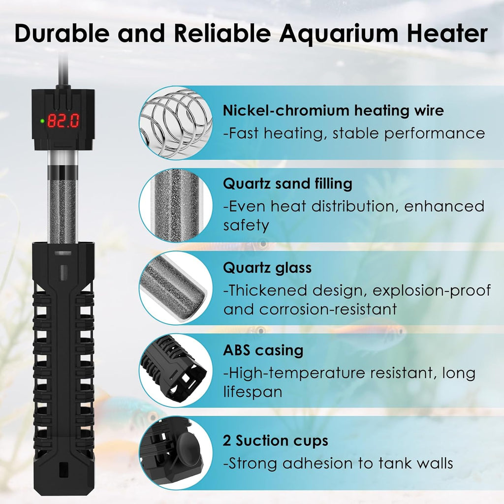 200W Aquarium Heater, Adjustable Fish Tank Heater, with Digital Display, Overheat Protection & Dry Run Protection, for 20-40 Gallon Water