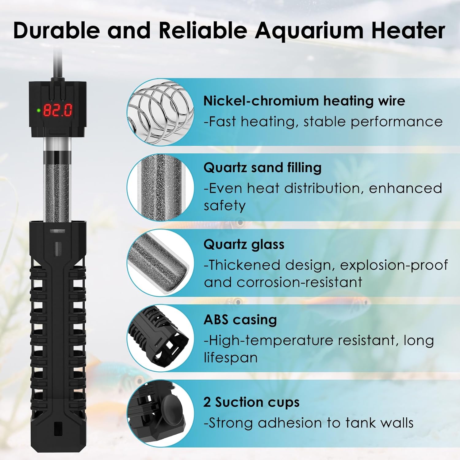 200W Aquarium Heater, Adjustable Fish Tank Heater, with Digital Display, Overheat Protection & Dry Run Protection, for 20-40 Gallon Water