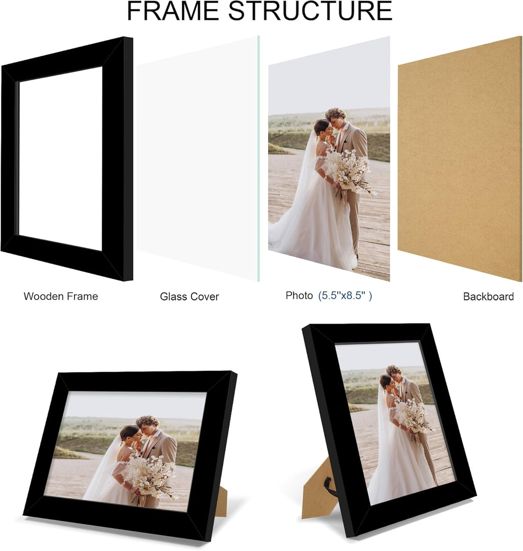 5.5x8.5 Picture Frame Set of 4, Made of Real Glass and Black Frame, 5.5 by 8.5 Photo for Wall or Tabletop