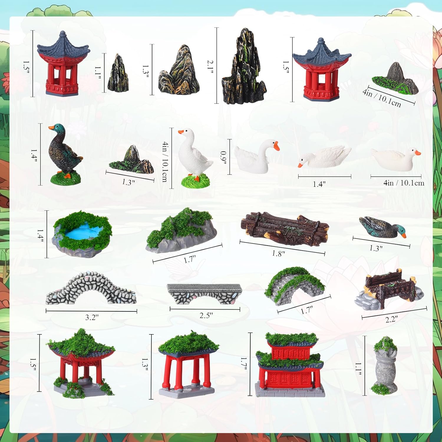 58 Pcs Miniature Garden Set, Fairy House Diorama Accessories Rockery Pavilion Bridge Mini Figurines Micro Landscape Ornaments Mixed Model Trees for DIY Garden Decor Succulent Dollhouse Craft