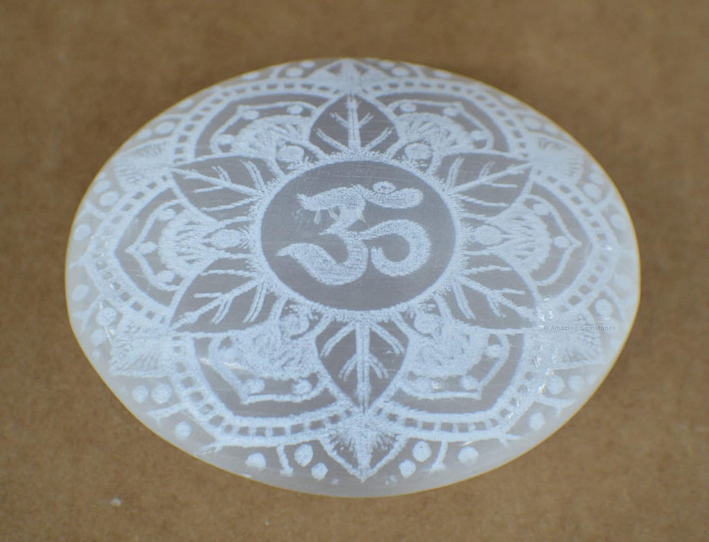 Amazing Gemstone Selenite Palm Stone - OM Engraved Hot Massage Worry Stone for Natural Body Chakra Balancing, Reiki Healing and Crystal Grid