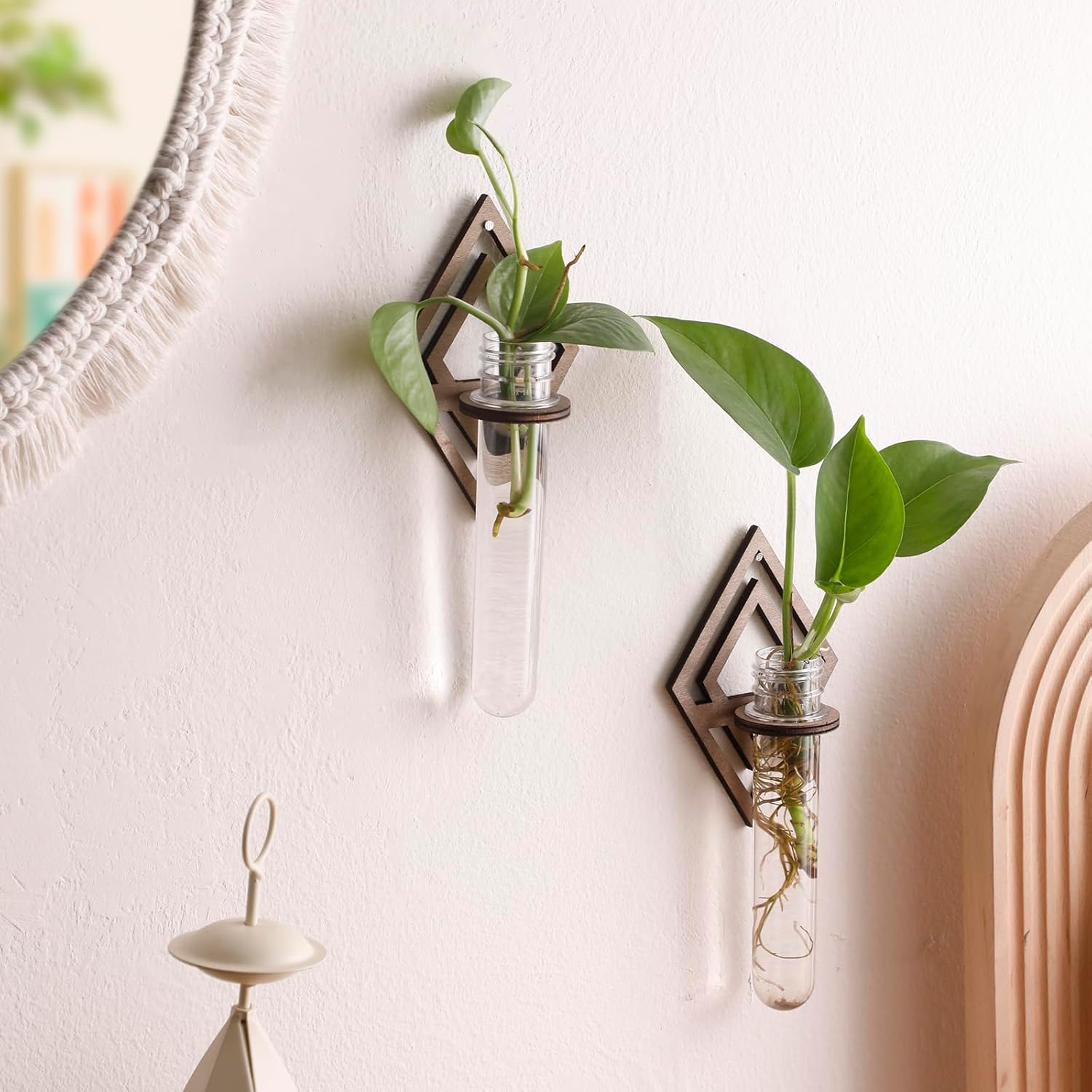 2 Pack Plant Propagation Station Wall Hanging Wooden Diamond Shaped Plant Terrarium for Hydroponics Home Office Decor Test Tube Propagate Air Plant Cutting Holder