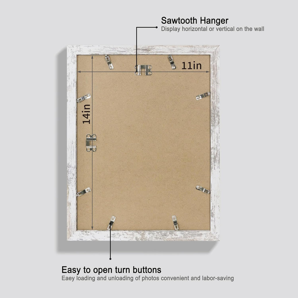 11x14 Picture Frame Set of 4, Made of Glass and Distressed White Wooden Frame, Display 8x10 Pictures with Mat or 11 x 14 Posters without Mat for Wall Mounting, Gallery Photo Frames