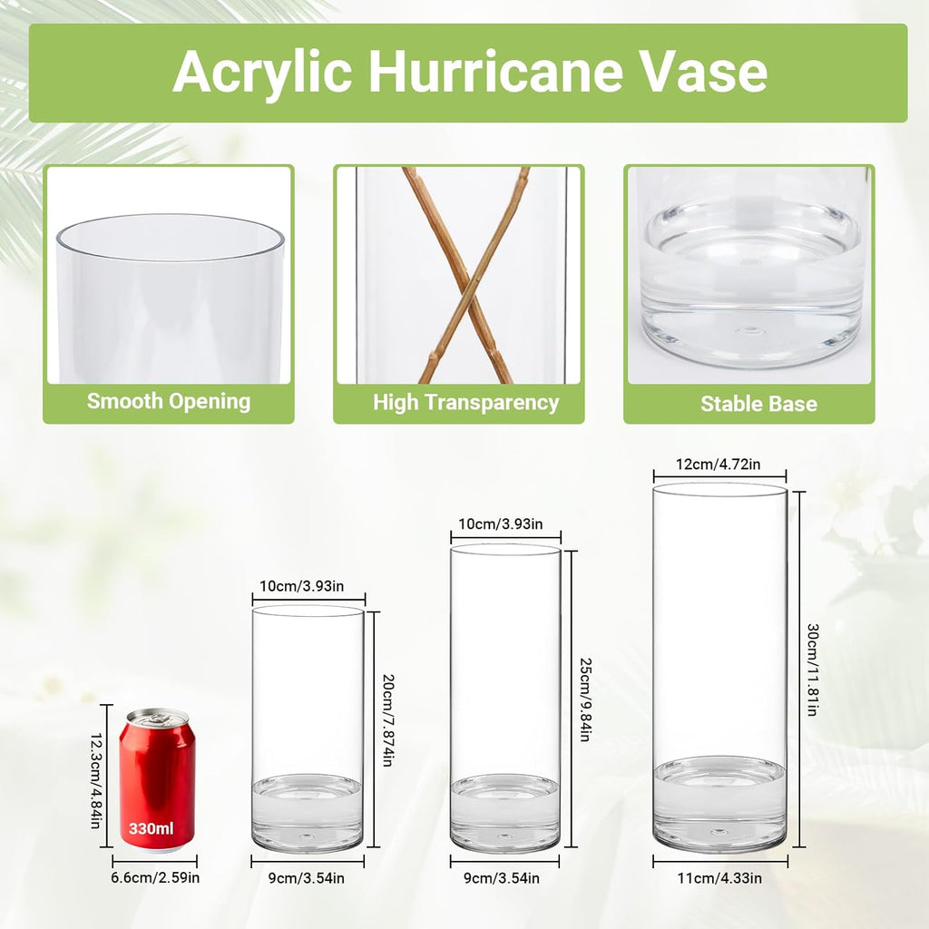 SUREAM 3 Packs Cylinder Vases for Centerpieces, 7.8/9.8/11.8 Inch Tall Clear Cylinder Candle Holder for Weeding, Non-Breakable Flower Vase for Dinner Table Party Living Room Office Bedroom Decor