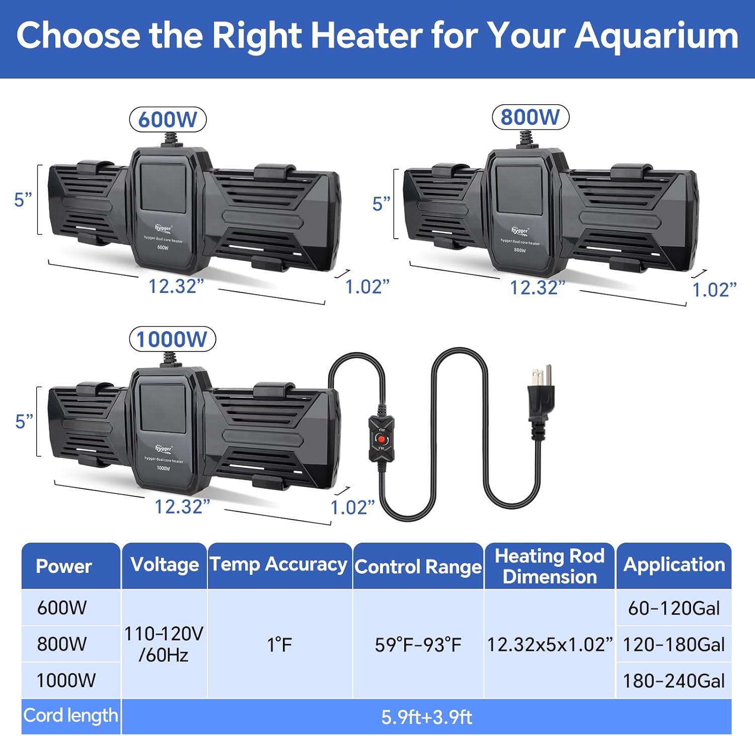 hygger Aquarium Heater, 500W 800W 1000W Submersible Fish Tank Heater with LED Digital Display Over-Temperature Protection and Automatic Power-Off, for Saltwater and Freshwater Tank up to 240 Gallon