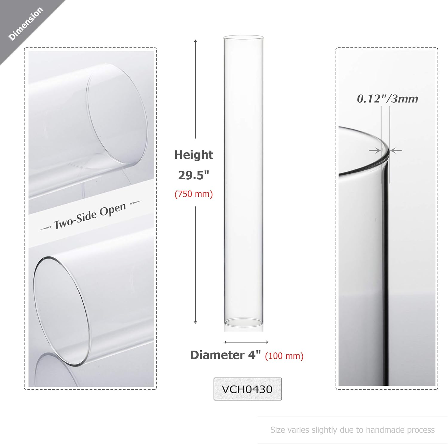 WGVI Hurricane Candle Holder Sleeve, Wide 4", Height 30", Clear Glass Cylinder Candleholder, Chimney Tube, Open Ended Candle Shade, 6 Pieces Bulk