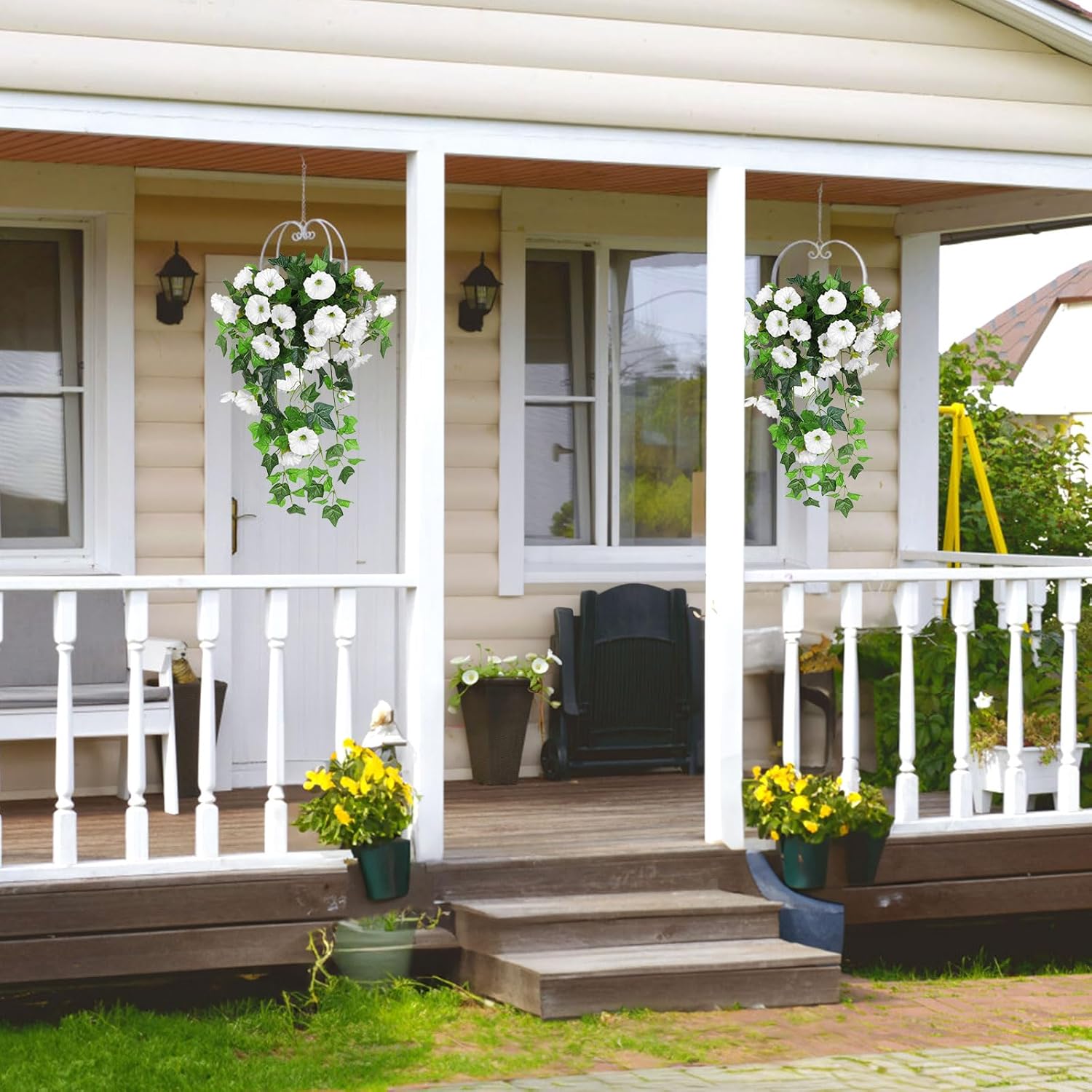 RECUTMS Artificial Fake Hanging Flowers Plants for Outdoor Decoration, 2 Pcs UV Resistant Faux Petunias Trailing Plants Realistic Flower Look Real for Door Wall Yard Porch Garden Planter (White)