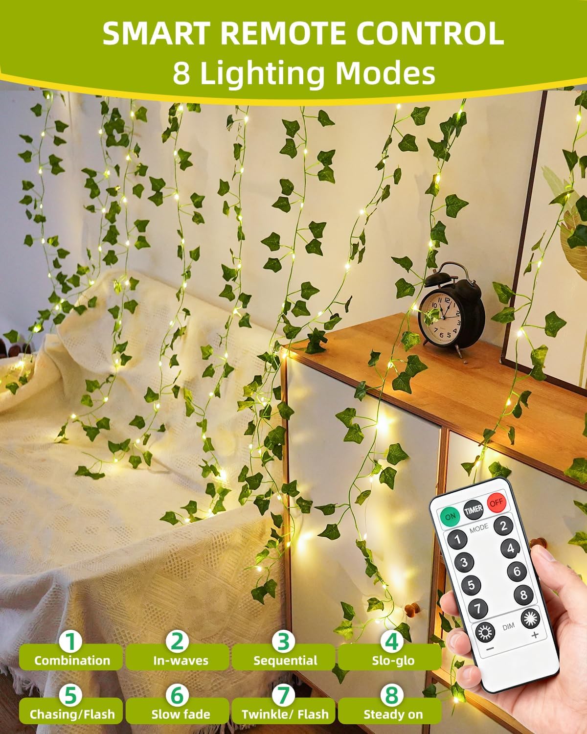 KASZOO Vines with Fairy Lights for Bedroom - 200 LED Ivy Curtain Wall Vines for Wedding, Party, Dorm, Indoor & Outdoor Use, 6.5ft x 6.5ft