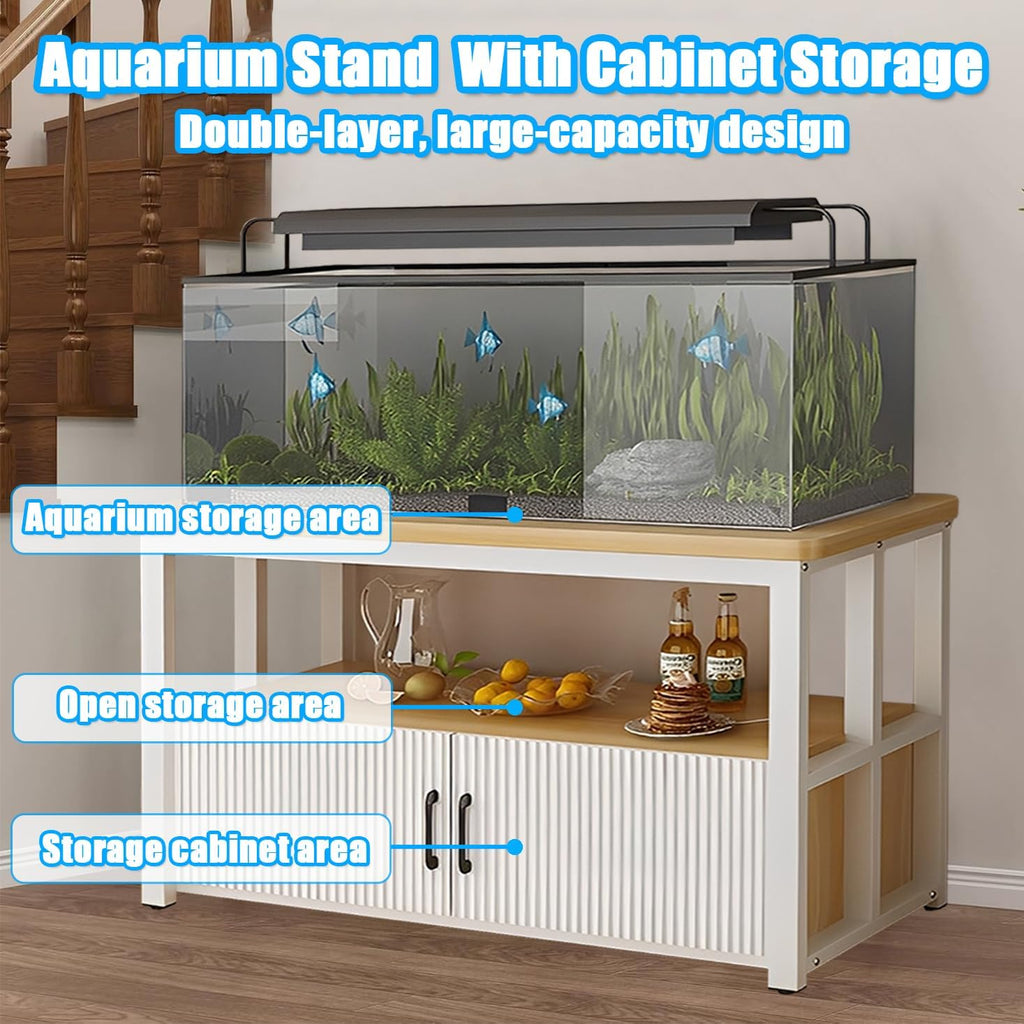 5-75Gallon Aquarium Stands,3 Tier Metal Frame Fish Tank Stand with Cabinet Storage,Reptile Tank Stand for Home Living Room Bedroom Office,2200LBS Capacity (White+Light Mahogany, L47.2″*W15.7″*H23.6″)