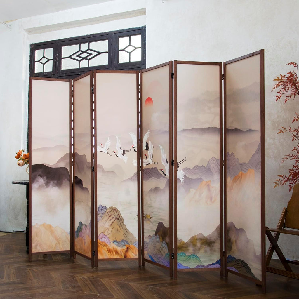 6 Panel Room Divider Screen,Double Faced Panel Divider Folding Screen Divider for Room Separation,Colorful Landscape,67" H x 94.5" W