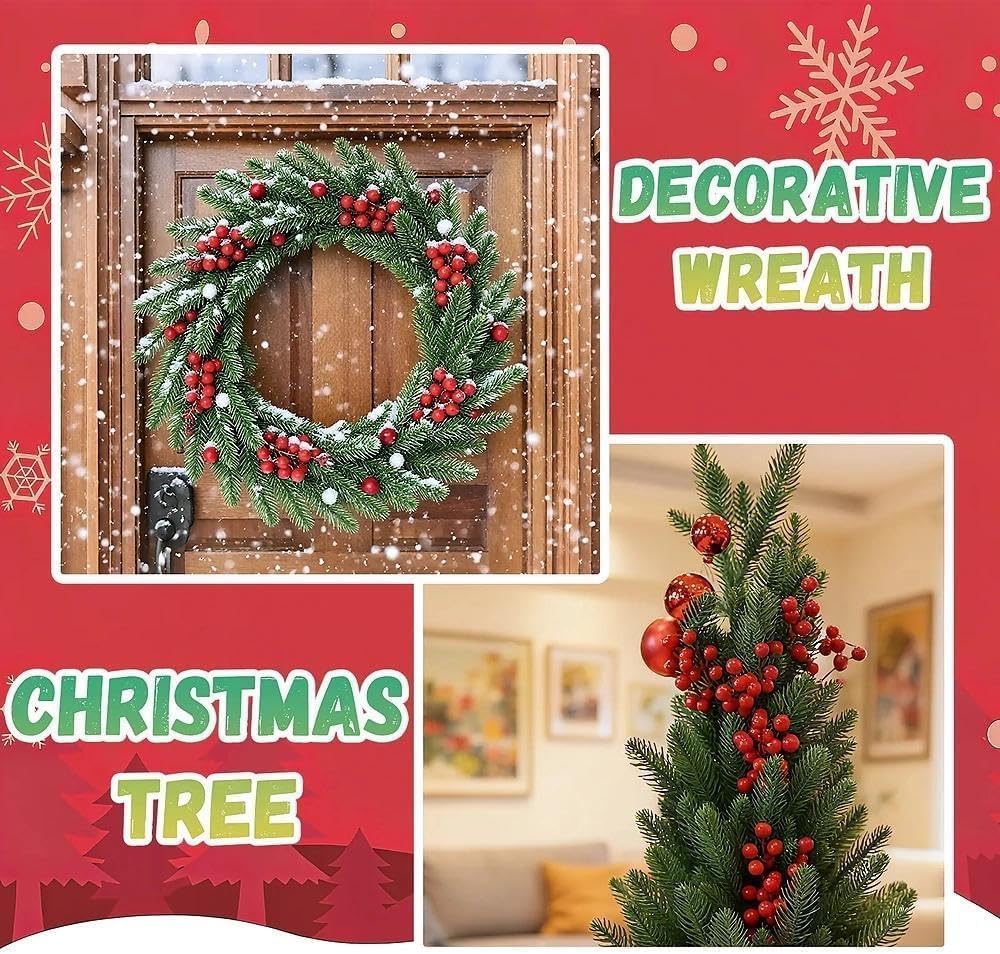40 Pcs Artificial Green Pine Branches Holly Red Berry Stems Fake Norfolk Needles Picks Christmas Tree Decoration Xmas Wreath Decor Accessories