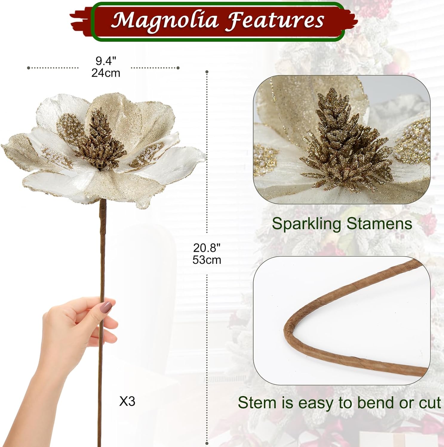Briful 10’’ Large Heads Christmas Glitter Magnolia Flowers Christmas Tree Ornaments Set of 3 Artificial Flowers with Picks Stems for Xmas Tree Holiday Decorations, White Gold