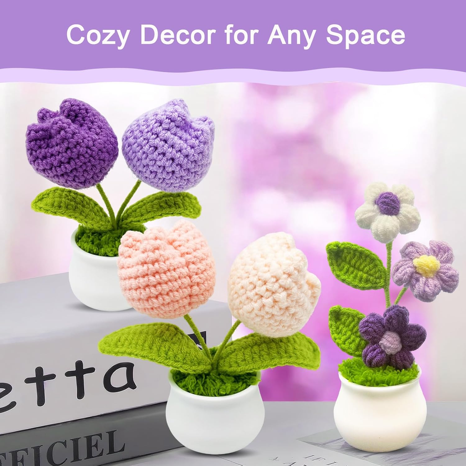 3pcs Crochet Flowers Cute Potted Flower,Mini Flower Bouquet for Mom Wife, Cute Desk Decor for Women,Artificial Handmade Flowers for Car Dashboard,Home Office Decoration (Color#5)