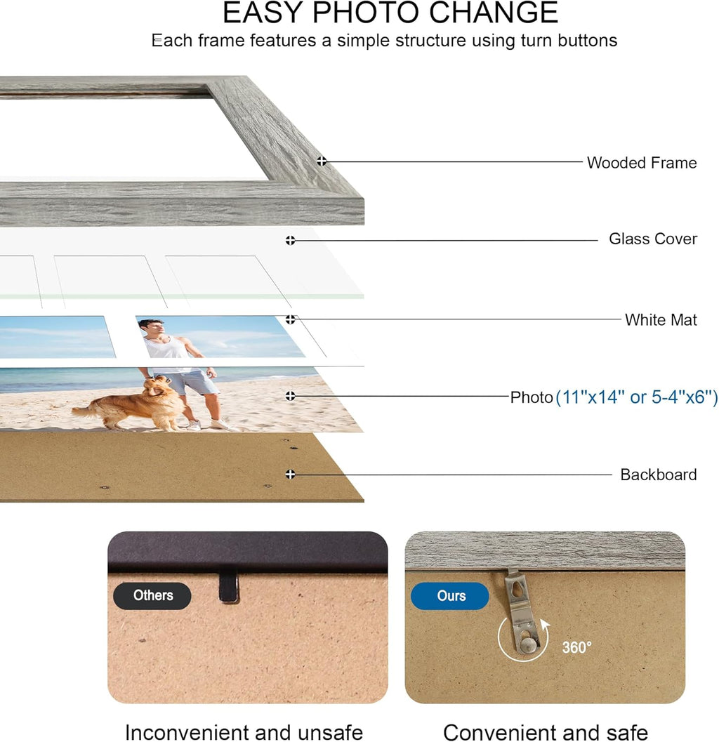 11x14 Picture Frame Set of 2, Grey Wood Frame with Real Glass Collage Picture Frames, Display Pictures Five 4x6 With Mat or 11 x 14 Without Mat, Photo Frames Wall Gallery