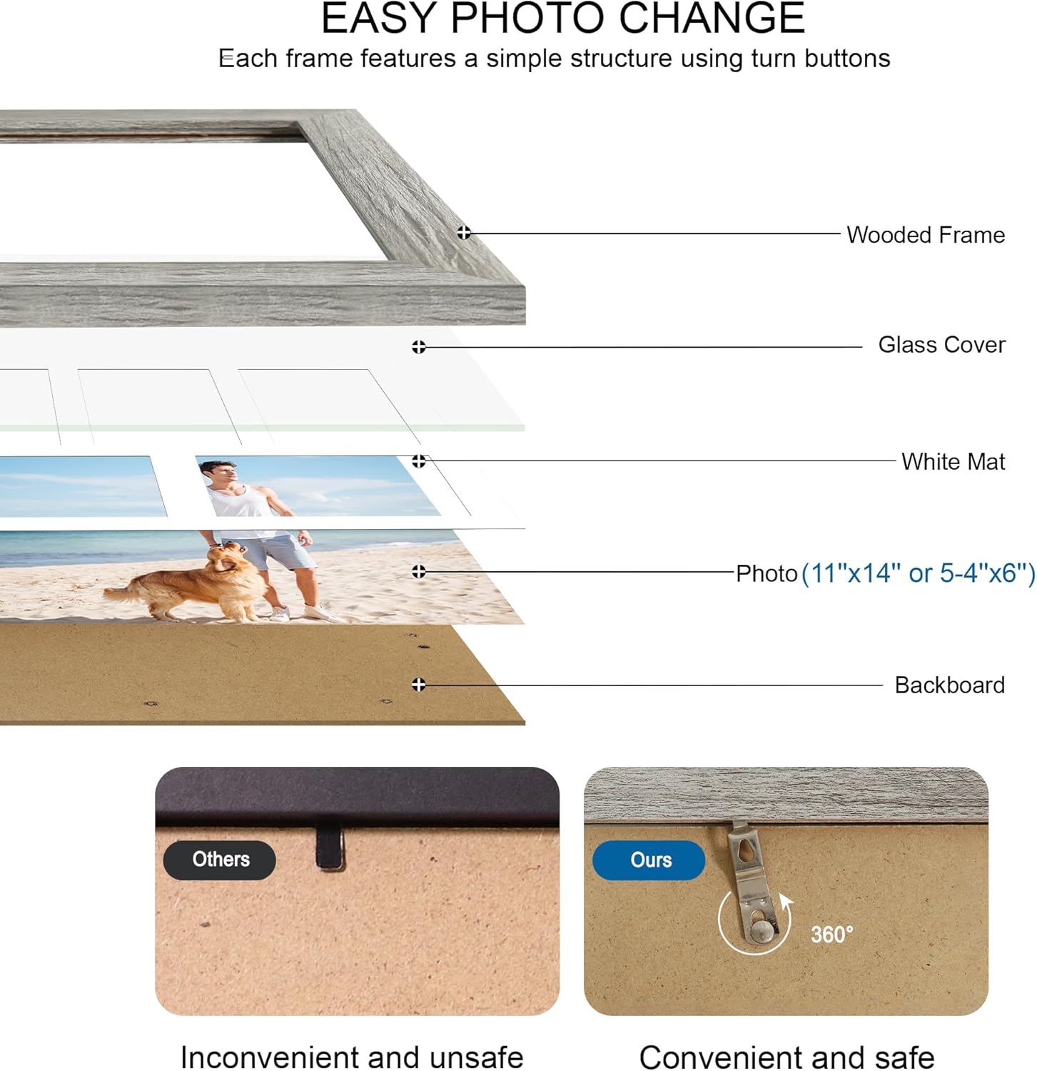 11x14 Picture Frame Set of 2, Grey Wood Frame with Real Glass Collage Picture Frames, Display Pictures Five 4x6 With Mat or 11 x 14 Without Mat, Photo Frames Wall Gallery