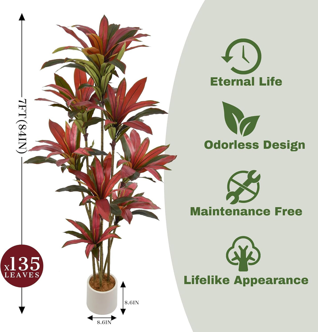 Artificial Dracaena Tree 7ft(84in) Tall Large Faux Silk Plants with Realistic Trunks and Red Leaves, Fake Floor Potted Artificial Plants for Home Office Indoor Decor (7feet,1Pack)