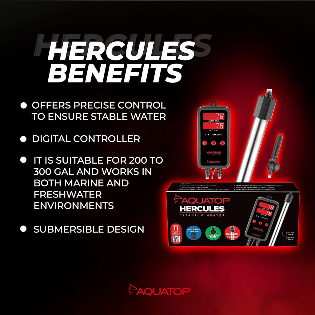 Aquatop Hercules 1,000W Titanium Heater with Digital Controller – for 300-Gallon Tanks – Adjustable Temperature – for Fresh & Saltwater Aquariums