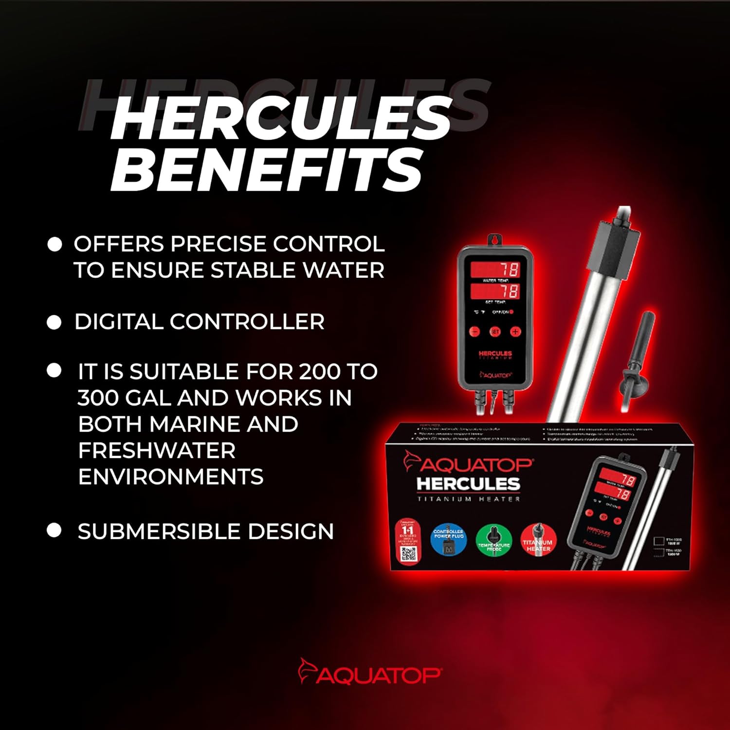 Aquatop Hercules 1,000W Titanium Heater with Digital Controller – for 300-Gallon Tanks – Adjustable Temperature – for Fresh & Saltwater Aquariums