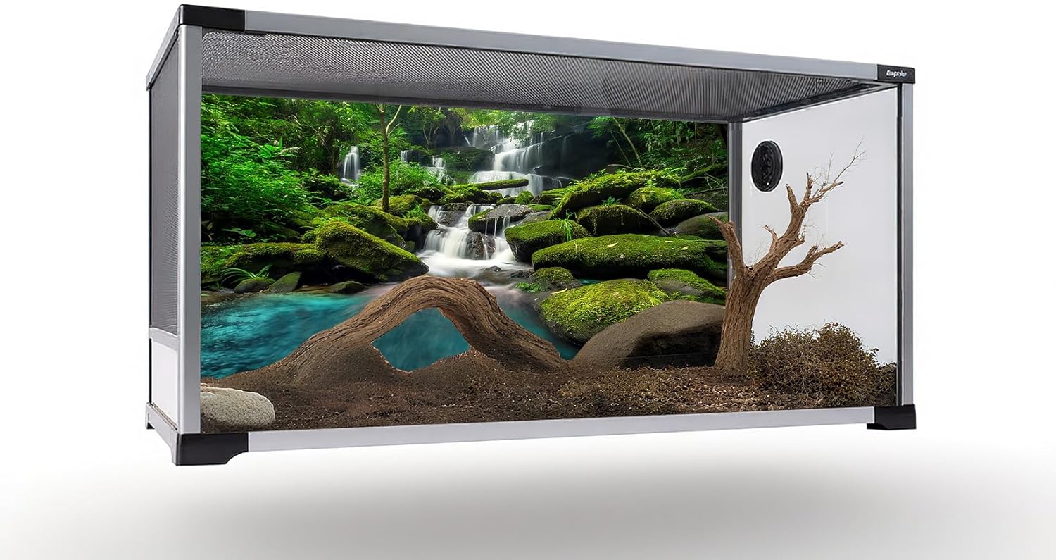 36X18 Inch Tropical Waterfall Vivarium Backdrop - Rainforest Mountain Lake & Lush Tree Reptile Tank Background - Durable Polyester Habitat Decoration