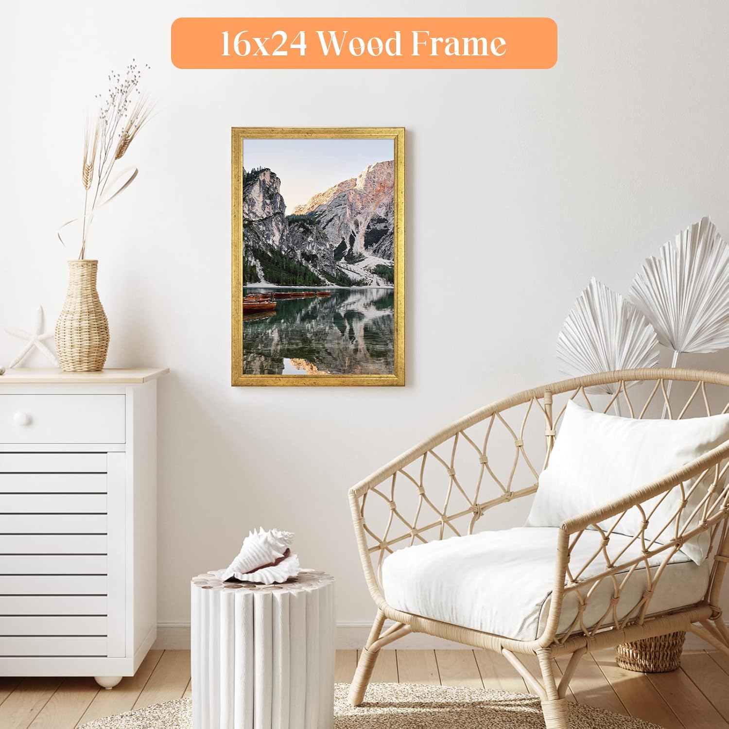 16x24 Wood Frame Gold, Ornate Natural 24x16in Picture Poster Frame, Modern Golden 16 x 24inch Gallery Wall Photo Frame with HD Plexiglass, Horizontal Vertical Wall Mounting Display 1pcs