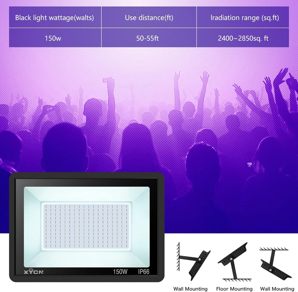4 Pack 150W LED Flood Black Lights,395nm to 405nm UV Outdoor Flood High Power Blacklight Light with Plug in, IP66 Waterproof Large Black Light Spotlight for Glow Party Large Space, Halloween