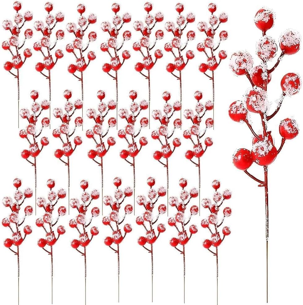 20 Pcs Artificial Frosted Holly Berry Stems, 12 Heads Faux Sprays Red Berries Snowflake Picks for Christmas Tree Ornaments Branches Fillers DIY Xmas Party Decor