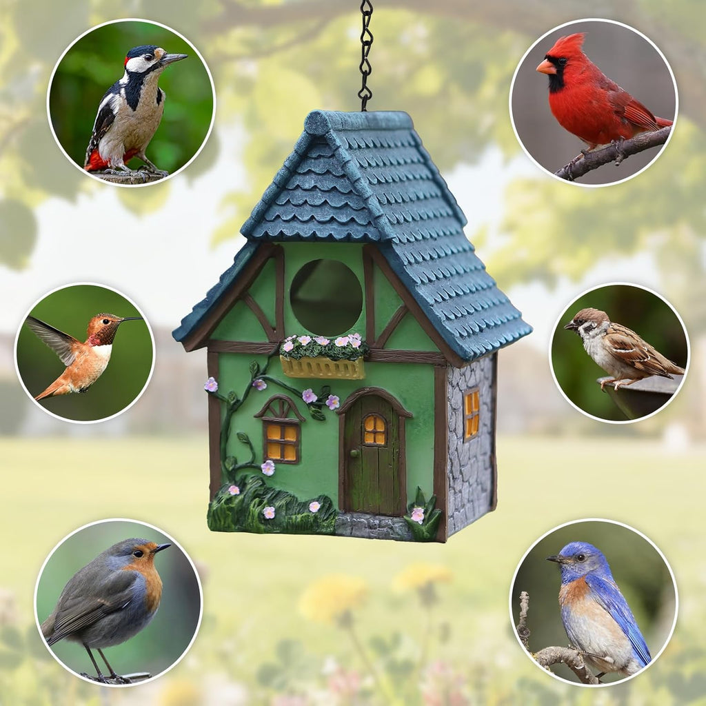 Bird Houses for Outside Cottage Garden Birdhouse –Green Resin Bird Houses with Flower and Stone Details for Hummingbird Finches Cardinals Bird Nesting Garden, Patio, Yard