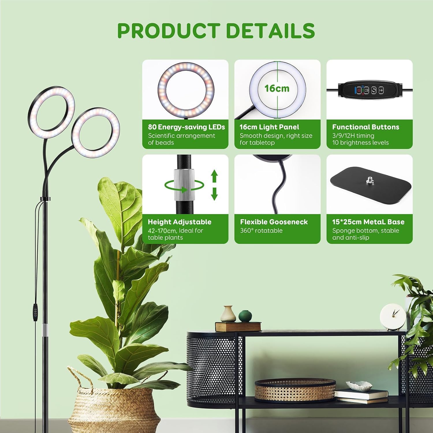 Dual Head Grow Light for Indoor Plants,Full Spectrum LED Halo Plant Lights with Stand, Floor Standing Growing Lamp with Adjustable Height,Auto Timer,Dimmable Brightness for Tall Large Plant