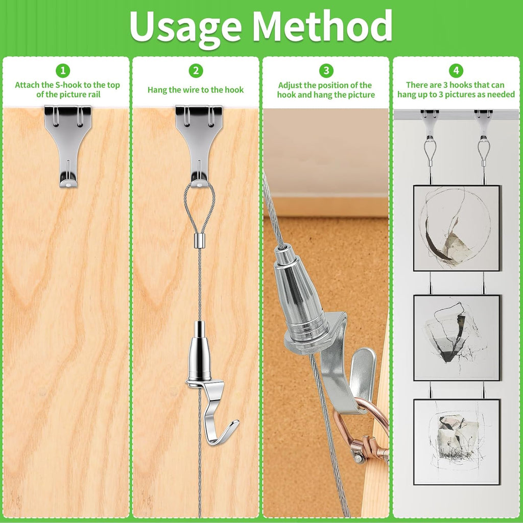 8PCS Adjustable Picture Hanging Wire Kit(6.56FT, 3 Hooks) Picture Rail Hanging System Sturdy Gallery Display Rail Rope with 3 Hooks for Exhibition Art Gallery Frames Display