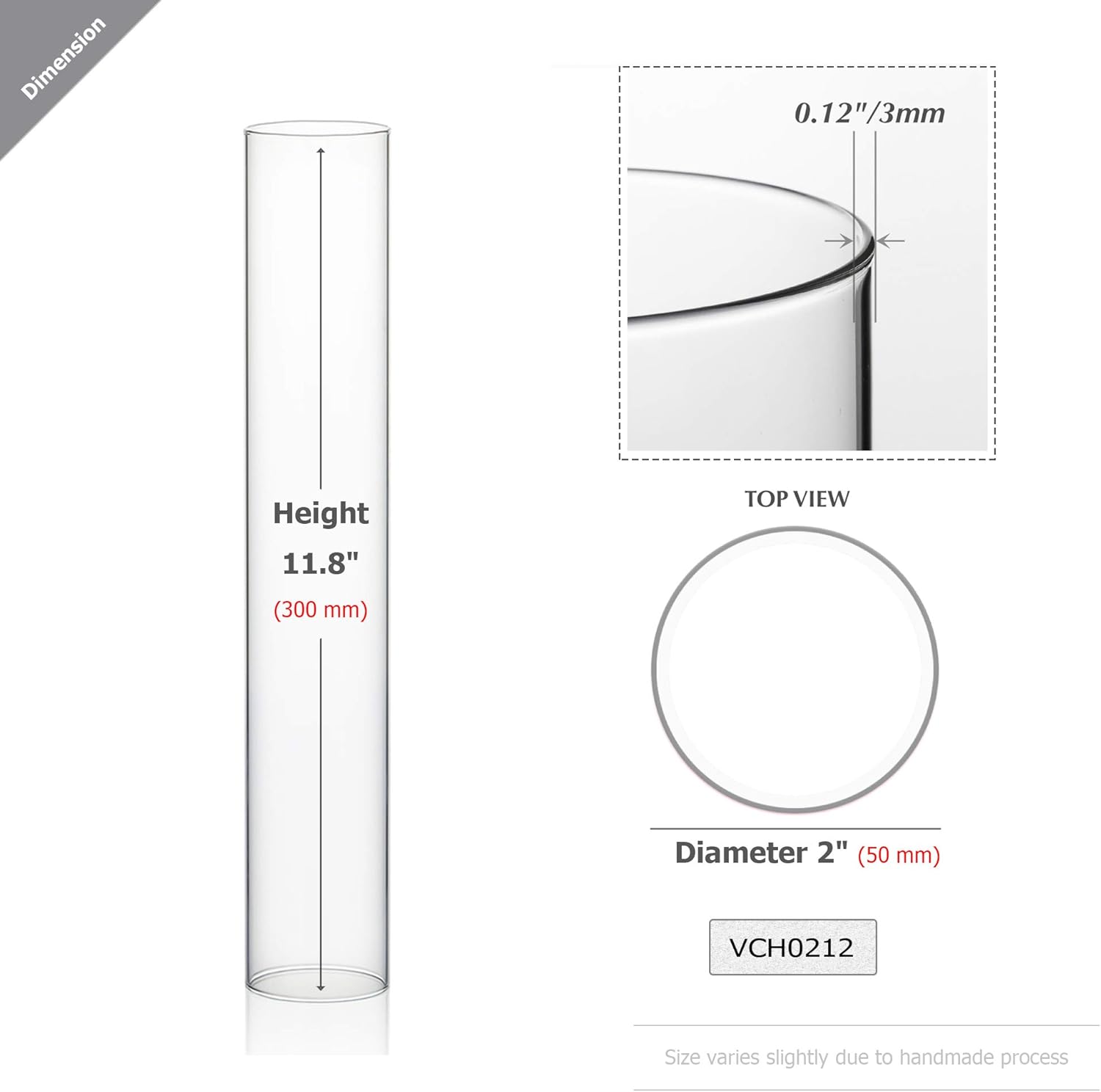 WGVI Hurricane Candle Holder Sleeve, Wide 2", Height 12", Clear Glass Cylinder Candleholder, Chimney Tube, Open Ended Candle Shade, 1 Piece (HST0212_1)
