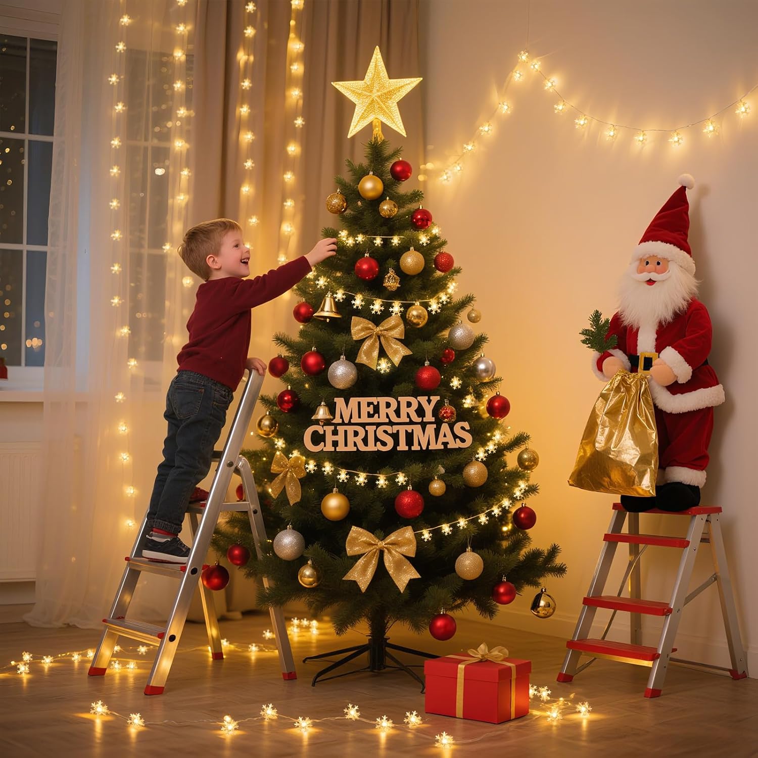 Snowflake Christmas Lights, 33FT 100 LED Rechargeable Fairy Lights Battery Operated, String Lights with 8 Modes & Timer, Twinkle Lights Indoor for Bedroom Party Home Xmas Tree Decoration Warm White